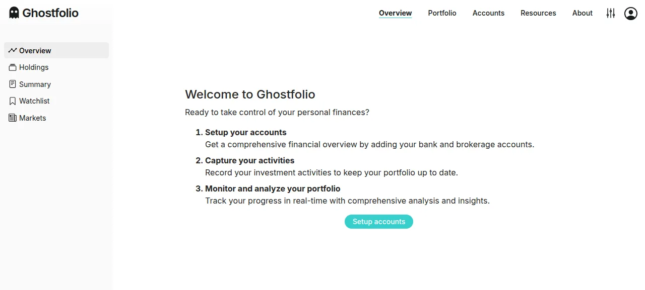 The Ghostfolio welcome overview after signing up