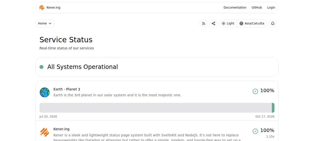The Kener status page with All Systems Operational