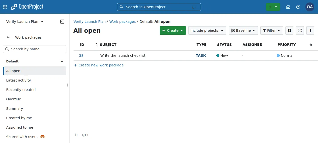 The work package list with the new task Write the launch checklist