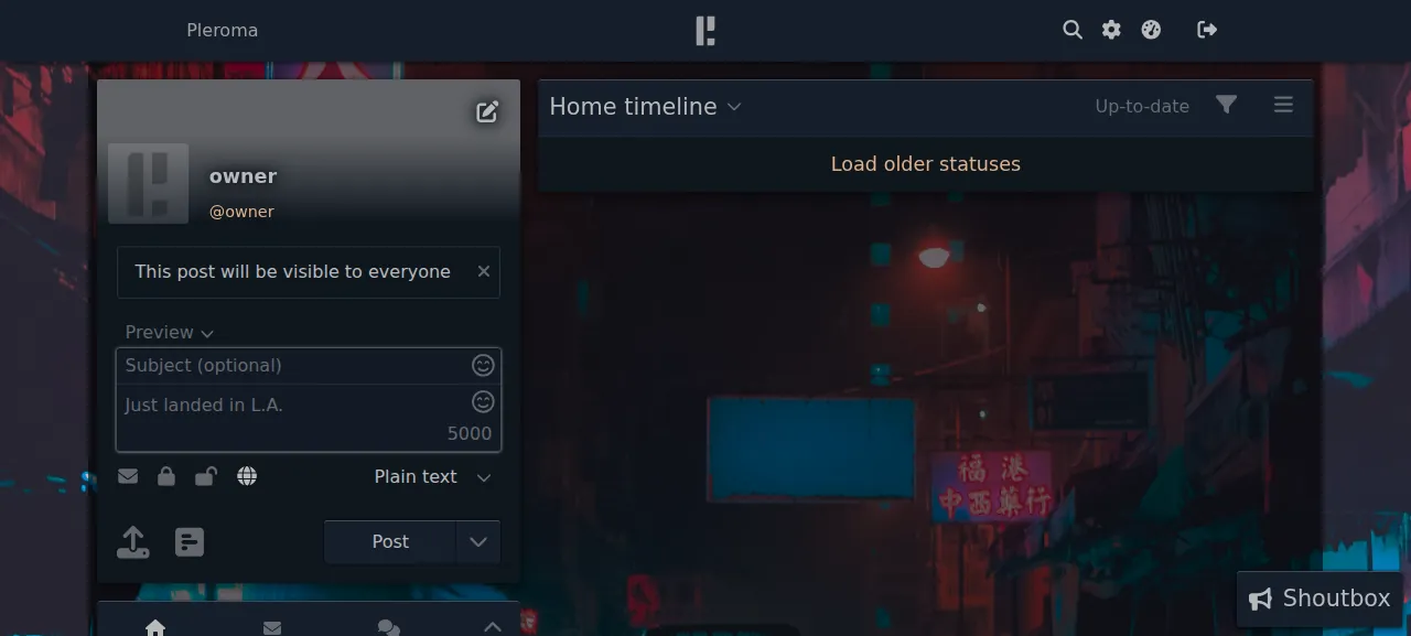 The Pleroma home timeline after signing in as owner